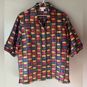 Vintage Stunt size M, 100% silk Multicolor Checkered Blouse with Shoulder Pads
